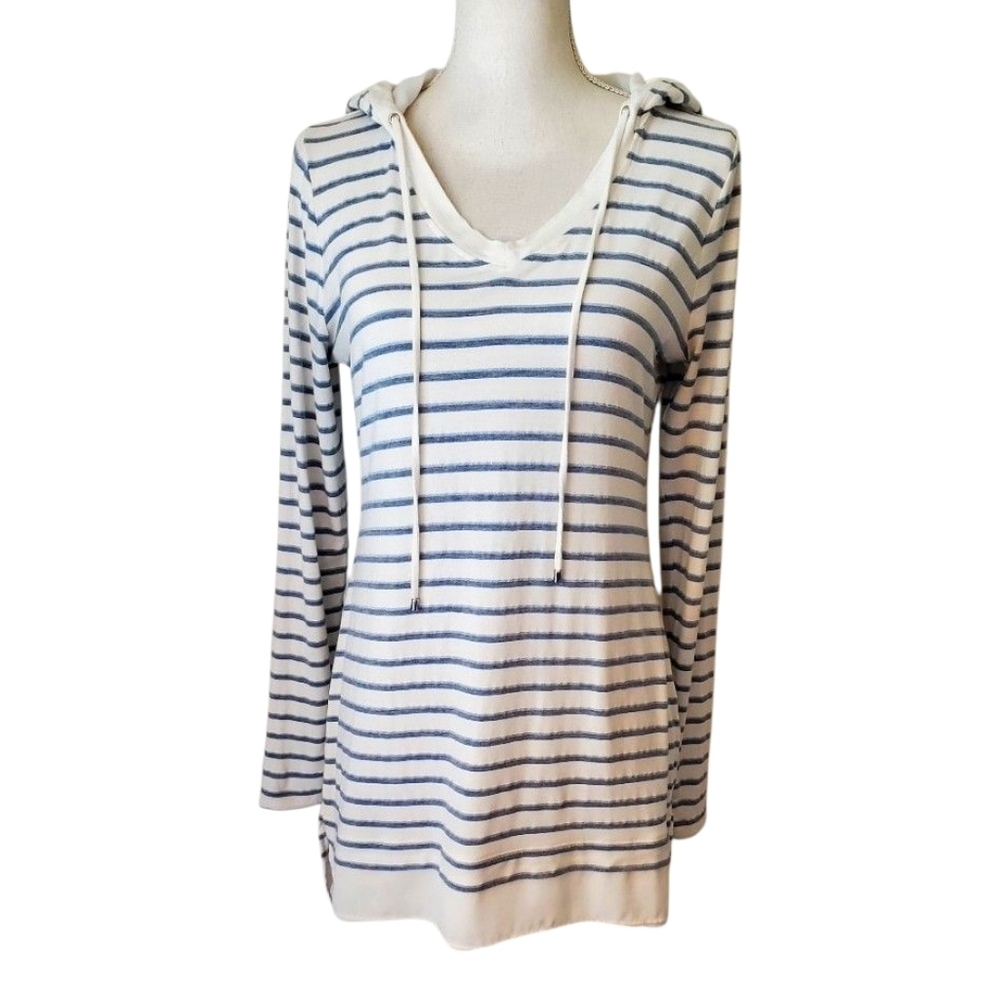 White House Black Market Long Sleeve Striped T-shirt Hoodie Tunic Blue White M